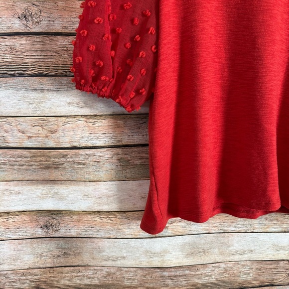 Anthropologie Maeve Red Textured Polka Dot Puff Sleeve Sheer Top Size Small - Picture 2 of 9